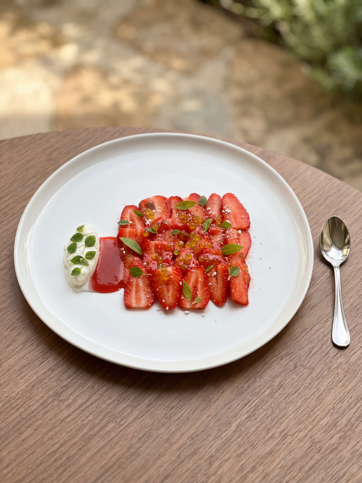 Carpaccio de fraises, verveine & basilic, glace au yaourt