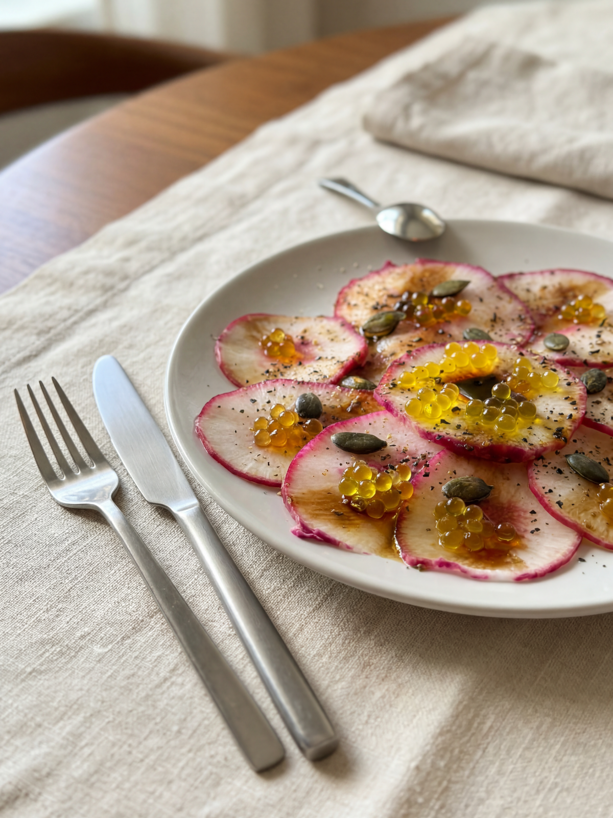 Carpaccio de radis Red Meat et graines de courges