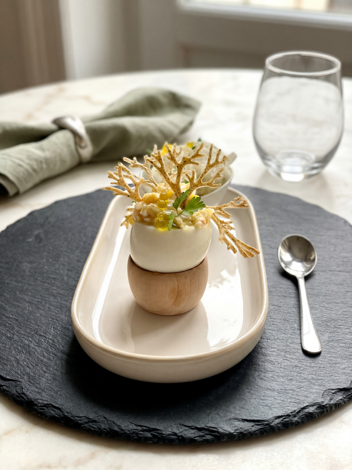 Œuf mimosa au crabe et salade de daikon