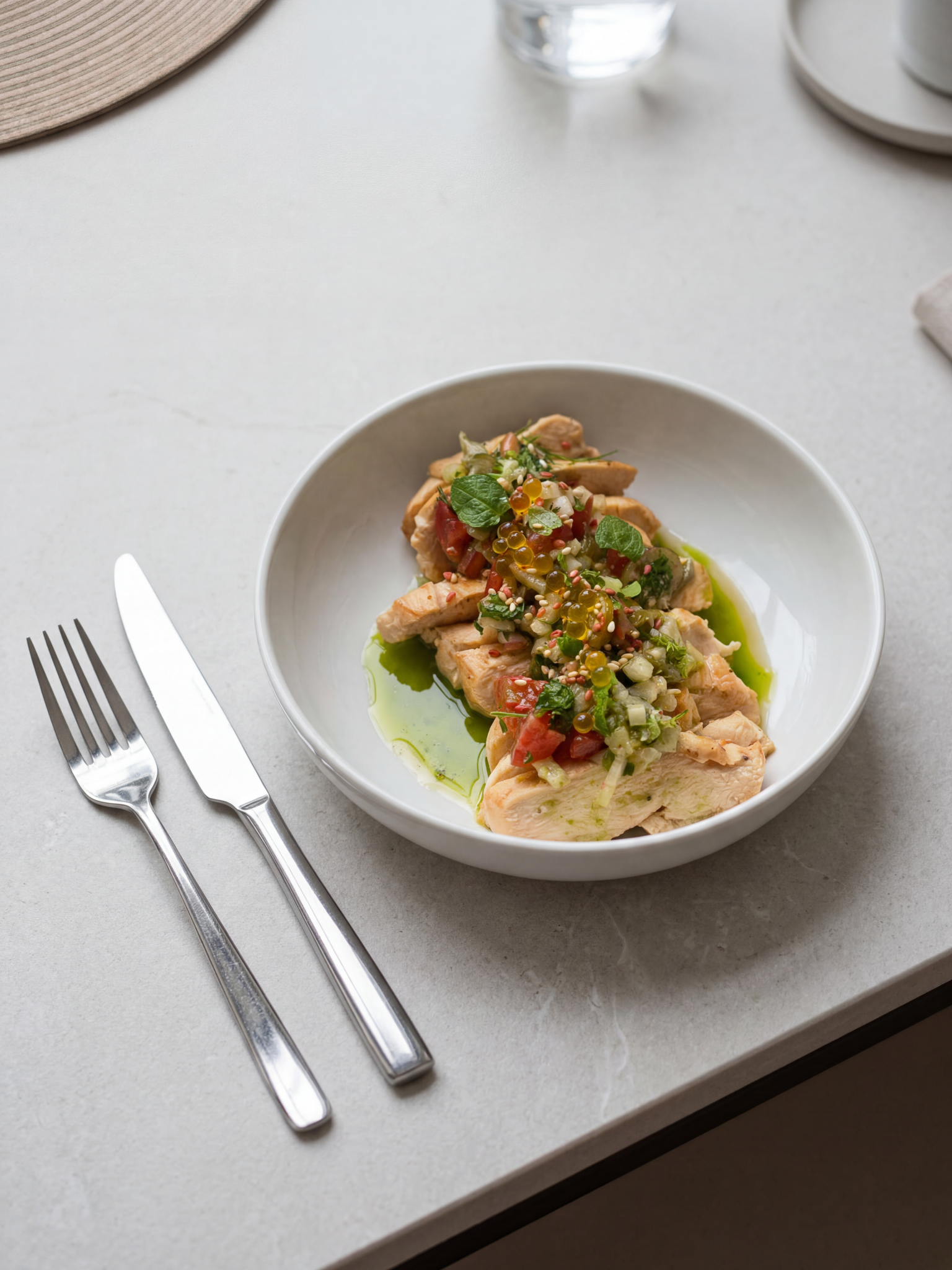 Poulet au citron, sauce vierge aux herbes