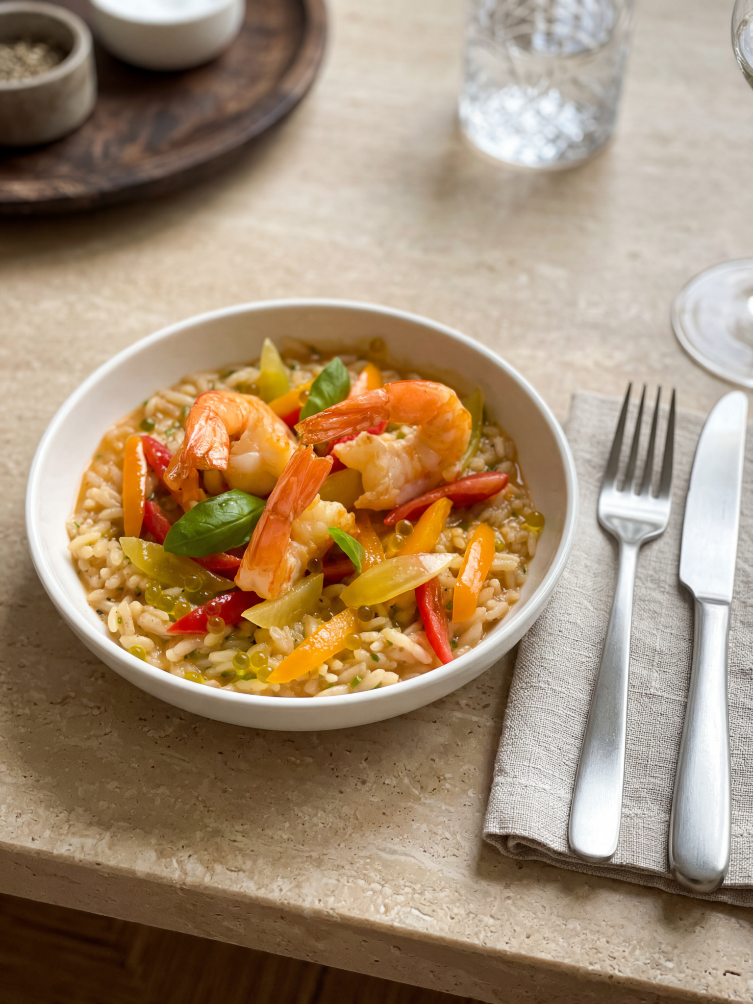 Risotto printanier aux gambas et légumes croquants