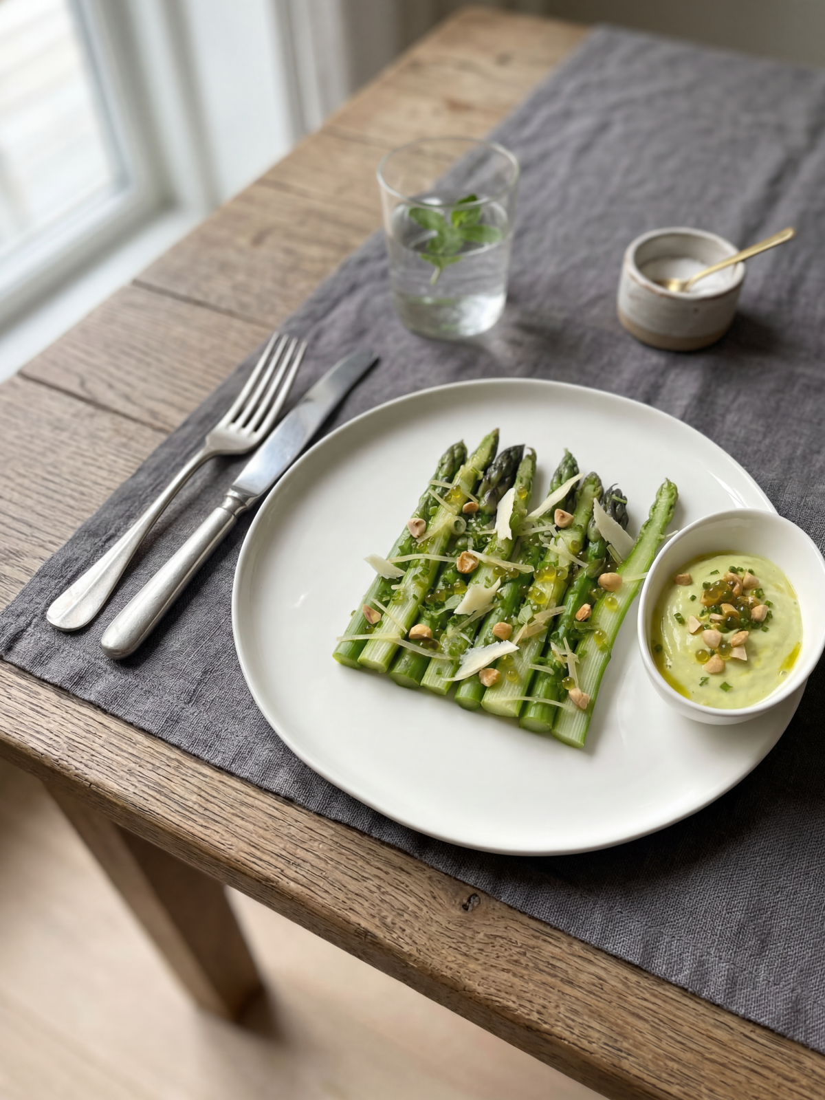 Salade d'asperges vertes, parmesan et noisettes
