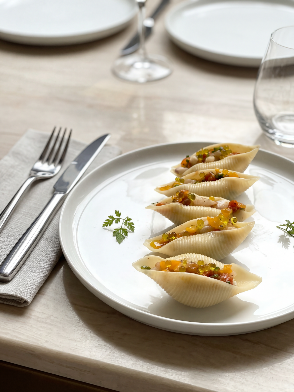Salade de conchiglie, lotte et tomates