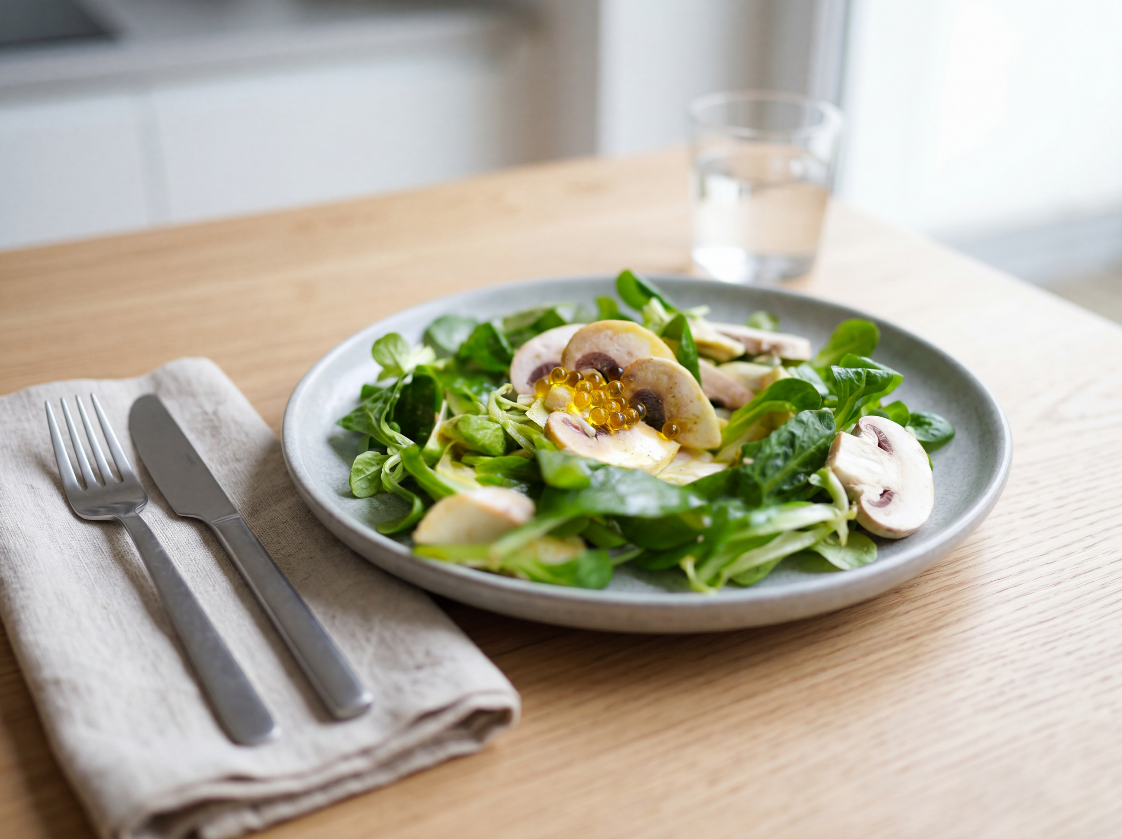 Salade de jeunes pousses et champignons crus