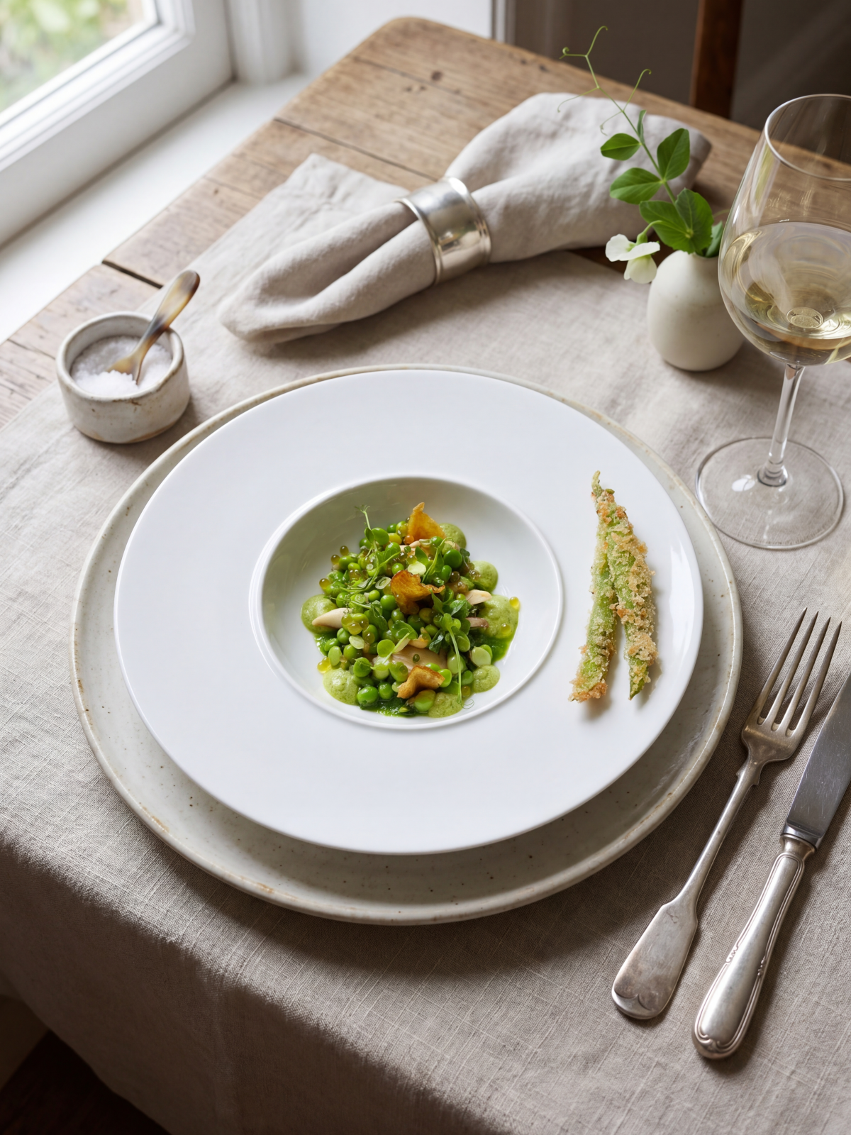 Salade de petits pois, poulet rôti et tempura de cosses