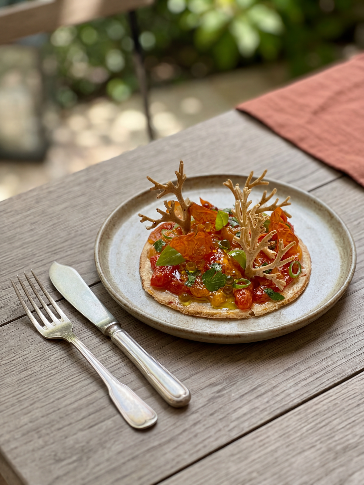 Tarte fine à l'avoine, tomates confites et herbes fraîches